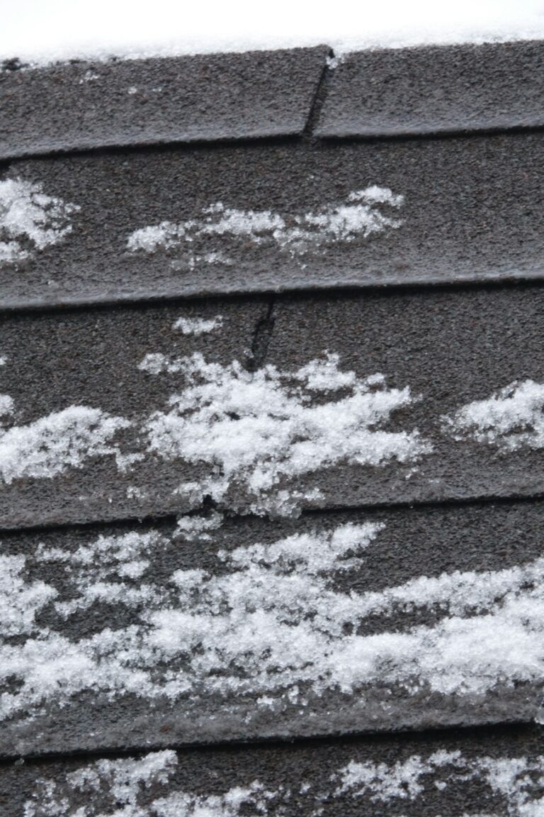 Homeowner examines scattered hail impact marks on asphalt shingles from the ground after a storm.